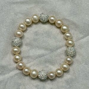 Freshwater Cultured Pearl and Crystal Ball Station Stretch Bracelet